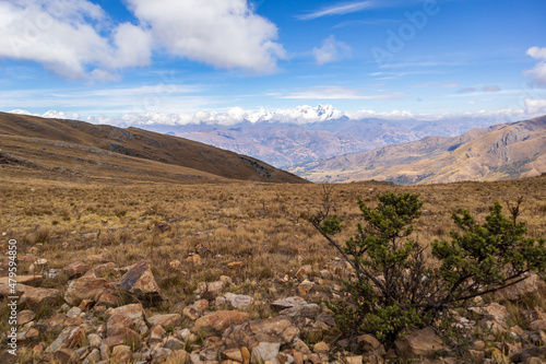 Distant view of the snow-capped mountain from the desert Andean valley.