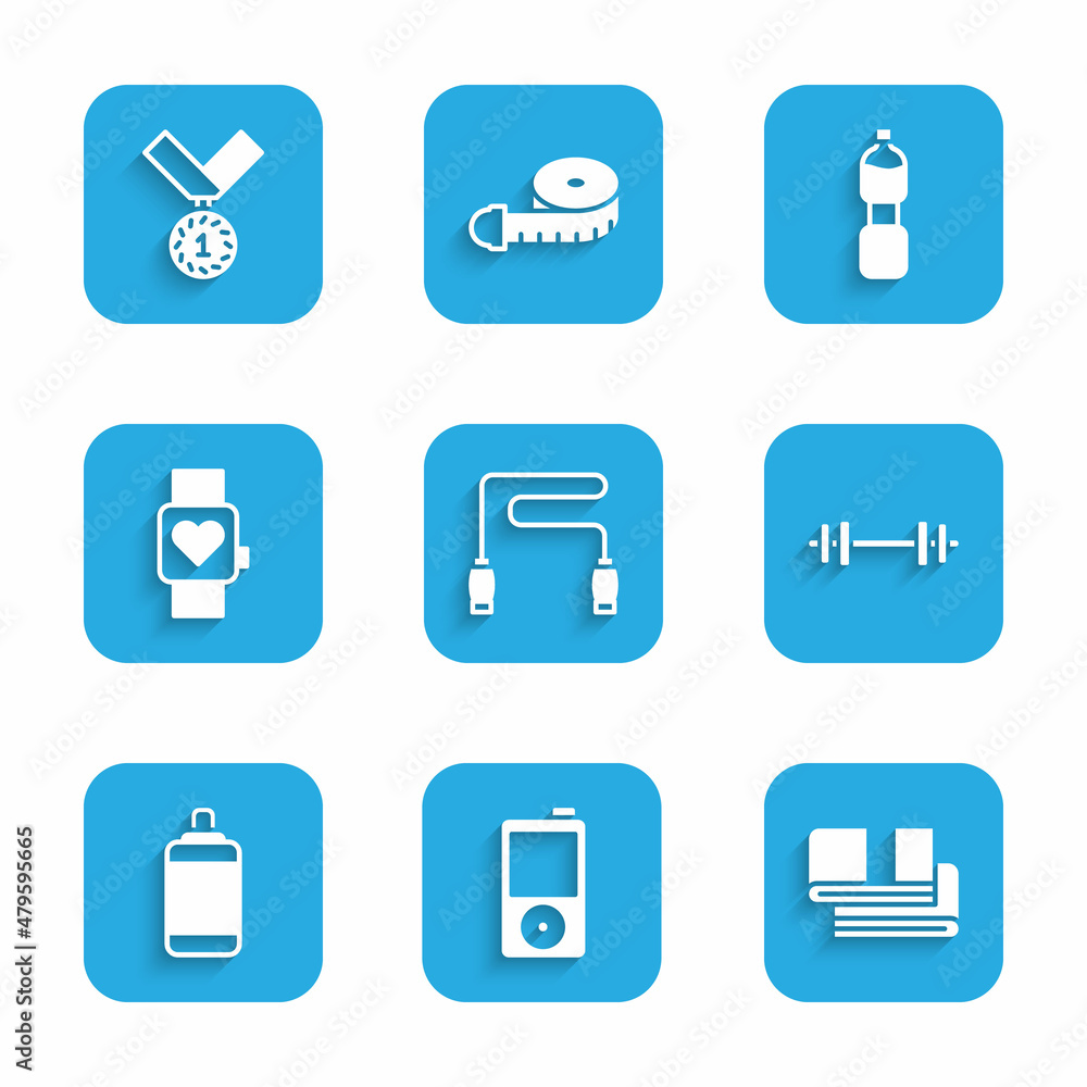 Set Jump rope, Music player, Towel stack, Barbell, Punching bag, Smart watch, Bottle of water and Medal icon. Vector Set Jump rope, Music player, Towel stack, Barbell, Punching bag, Smart watch, Bottle of water and Medal icon. Vector