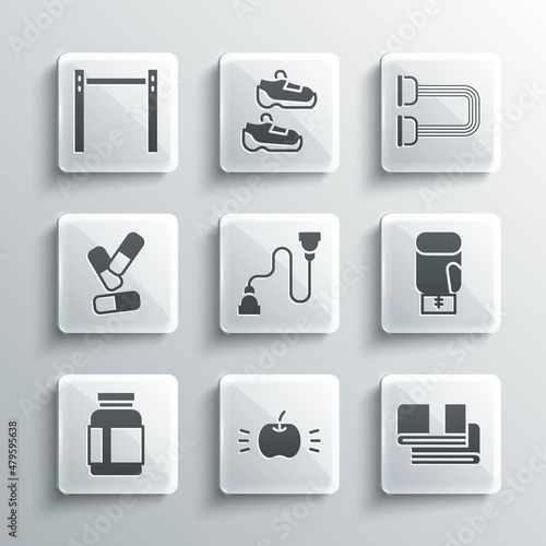 Set Apple, Towel stack, Boxing glove, Chest expander, Sports nutrition, Vitamin pill, Horizontal bar and icon. Vector © Kostiantyn