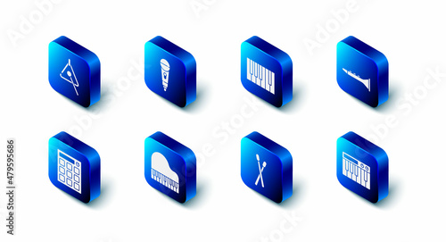 Set Microphone, Grand piano, Clarinet, Music synthesizer, Drum sticks, machine and Triangle icon. Vector