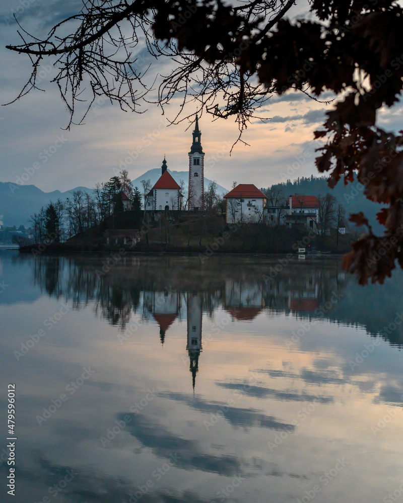 Winter sinrise near Bled Lake, Slovenia
