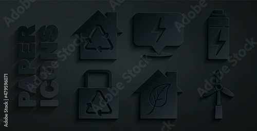 Set Eco friendly house, Battery, Paper bag with recycle, Wind turbine, Lightning bolt and House recycling icon. Vector