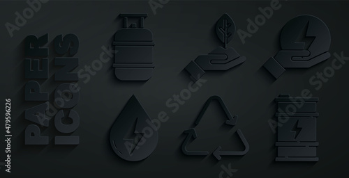 Set Recycle symbol, Lightning bolt, Water energy, Bio fuel barrel, Plant hand and Propane gas tank icon. Vector