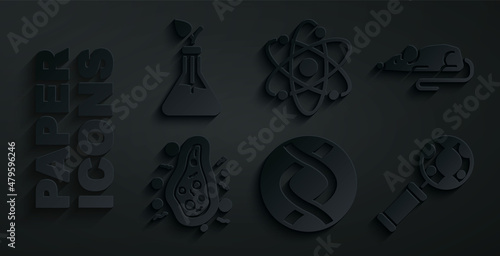Set DNA symbol, Experimental mouse, Bacteria, research, search, Atom and Plant breeding icon. Vector