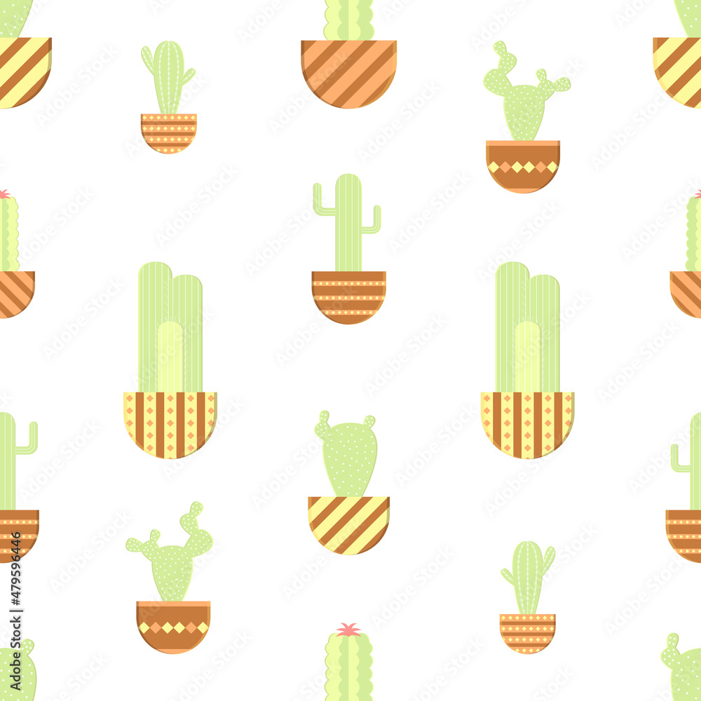 Seamless patern with cactuses. Vector desert background. Wallpaper with house cactuses in pot. Seamless patern with cactuses. Vector desert background. Wallpaper with house cactuses in pot.