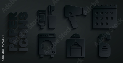 Set Lift, Hotel booking calendar, Washer, Please do not disturb, Hair dryer and Toothbrush and toothpaste icon. Vector