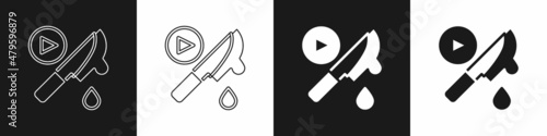 Set Thriller movie icon isolated on black and white background. Bloody knife. Suspenseful cinema genre, survival horror. Shocking films with gore and violence. Vector
