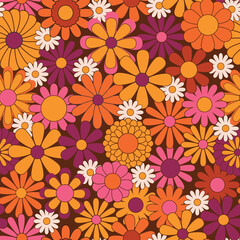 Crédence de cuisine Orange patrons Colorful floral seamless pattern. Groovy flowers vector illustration, hippie aesthetic. Funny multicolored print for fabric, paper, any surface design. Psychedelic wallpaper  © Evgeniya Khudyakova