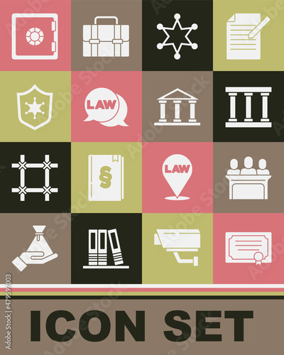 Set Certificate template, Jurors, Prison window, Hexagram sheriff, Law, Police badge, Safe and Courthouse building icon. Vector