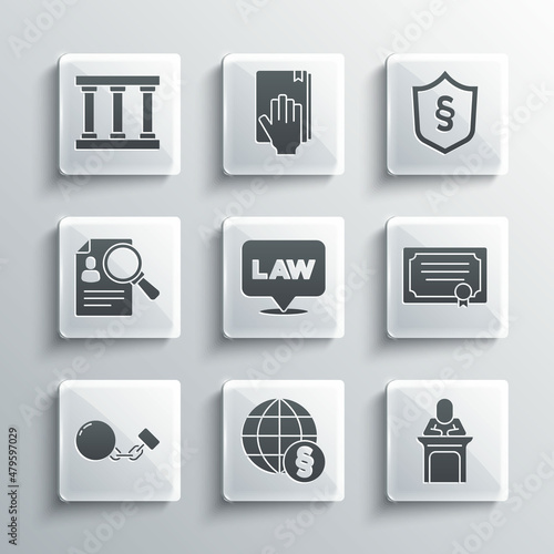 Set International law, Judge, Certificate template, Location, Ball chain, Paper analysis magnifying, Prison window and Justice shield icon. Vector