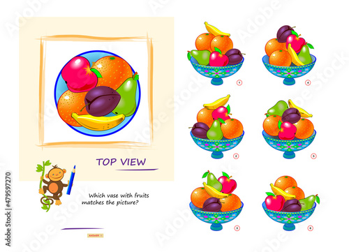 Logic game for children and adults. Which vase with fruits matches the picture? Top view puzzle. 3D maze. Page for brain teaser book. Developing spatial thinking. IQ test. Vector illustration.