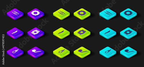 Set Gallows rope loop hanging, Smoking pipe, Pirate sword, Gun powder barrel, Lifebuoy and Rope tied knot icon. Vector