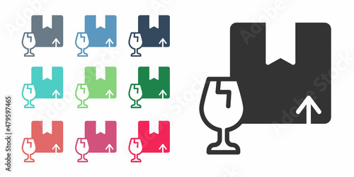 Black Delivery package box with fragile content symbol of broken glass icon isolated on white background. Box, package, parcel sign. Set icons colorful. Vector