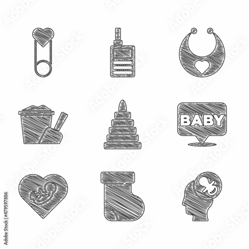Set Pyramid toy, Baby socks clothes, dummy pacifier, inside heart, Sand bucket with shovel, bib and pin icon. Vector