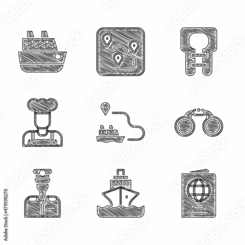 Set Ship line path, Cruise ship, Passport, Binoculars, Captain of, Cook, Life jacket and icon. Vector