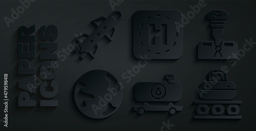 Set Fuel tanker truck, Pilot, Worldwide, Conveyor belt with suitcase, Helicopter landing pad and Rocket icon. Vector