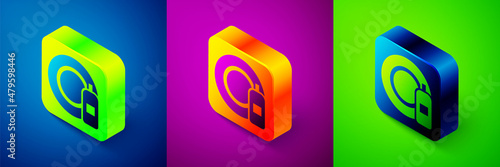 Isometric Dishwashing liquid bottle and plate icon isolated on blue, purple and green background. Liquid detergent for washing dishes. Square button. Vector