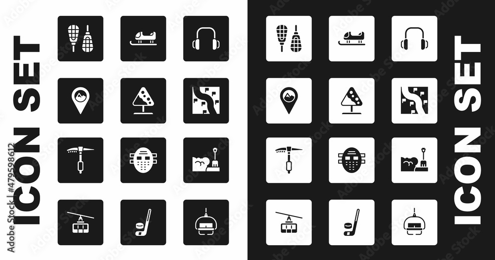 Set Winter headphones, Road sign avalanches, Location with mountain, Snowshoes, Route location, Sled, Shovel snowdrift and Ice axe icon. Vector Set Winter headphones, Road sign avalanches, Location with mountain, Snowshoes, Route location, Sled, Shovel snowdrift and Ice axe icon. Vector