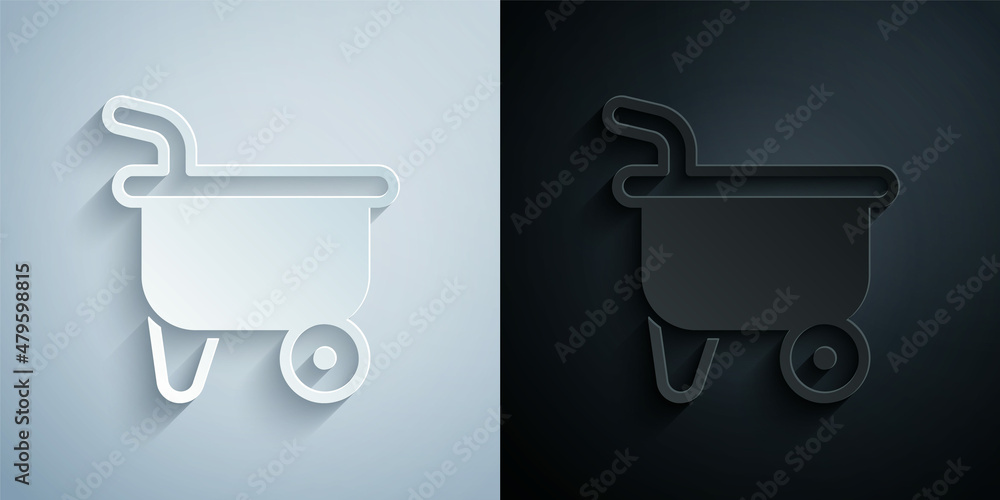Paper cut Wheelbarrow icon isolated on grey and black background. Tool equipment. Agriculture cart wheel farm. Paper art style. Vector Paper cut Wheelbarrow icon isolated on grey and black background. Tool equipment. Agriculture cart wheel farm. Paper art style. Vector