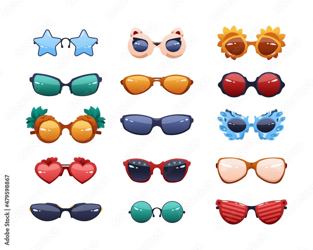 Party glasses. Cartoon funny fashion sunglasses with reflections. Round colorful summer spectacles. Different shapes eyewear. Plastic rims and sun protection lens. Vector accessories set - obrazy, fototapety, plakaty 