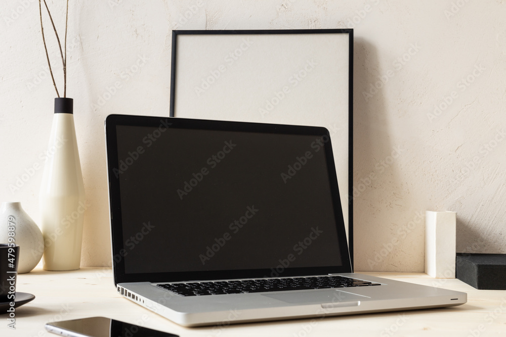 Home office desk with screen mockup and bright wall copy space. Banner.
Home office desk with screen mockup and bright wall copy space. Banner.
