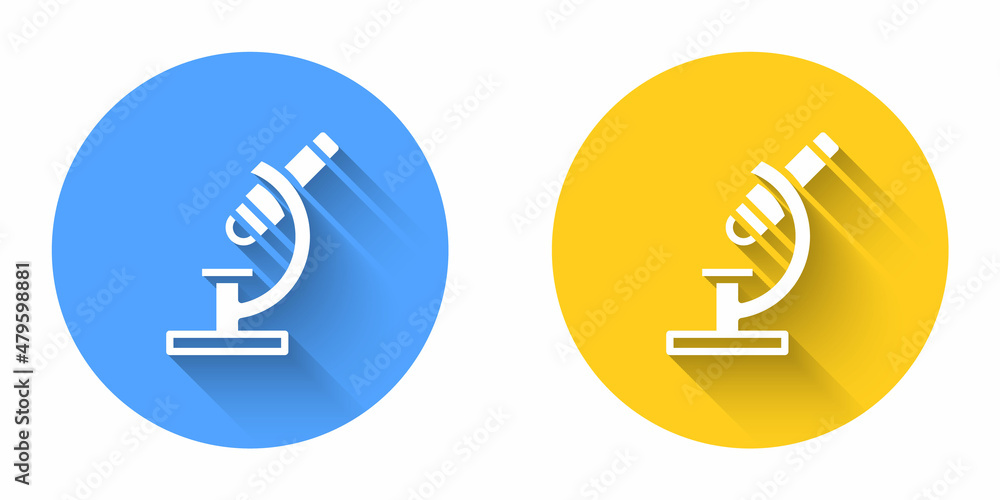 White Microscope icon isolated with long shadow background. Chemistry, pharmaceutical instrument, microbiology magnifying tool. Circle button. Vector White Microscope icon isolated with long shadow background. Chemistry, pharmaceutical instrument, microbiology magnifying tool. Circle button. Vector