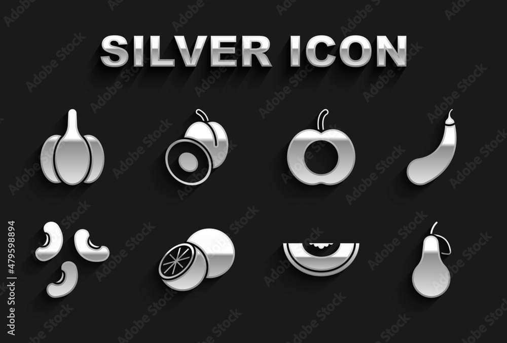 Naklejka premium Set Orange fruit, Eggplant, Pear, Melon, Beans, Peach, Garlic and Plum icon. Vector