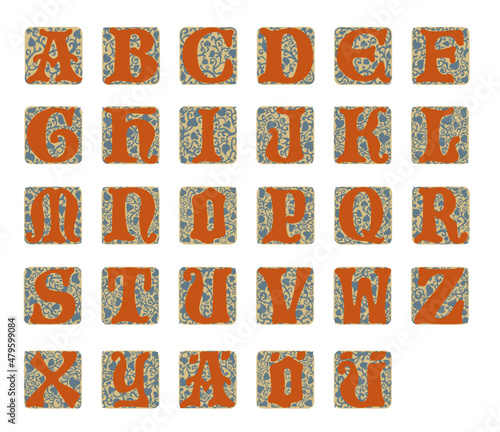 Medieval initial letters, colored Alphabet with umlauten, with floral elements and swirls, ornaments, vector graphic