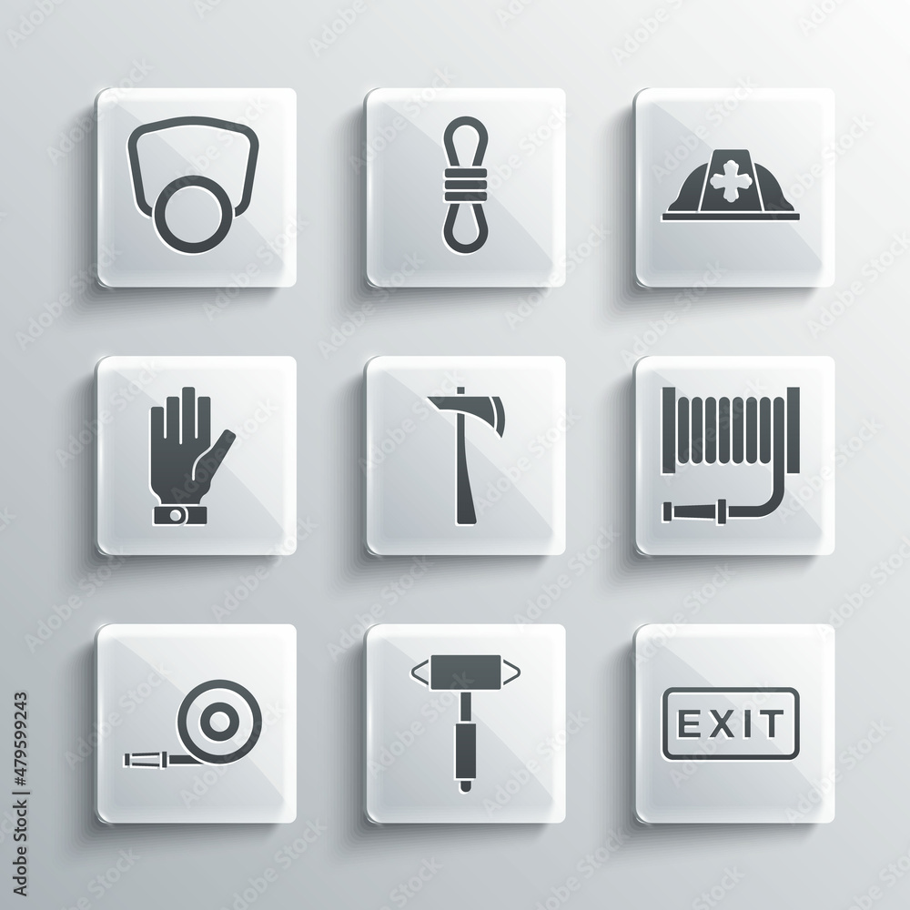 Set Firefighter axe, exit, hose reel, gloves, Gas mask and helmet icon. Vector Set Firefighter axe, exit, hose reel, gloves, Gas mask and helmet icon. Vector