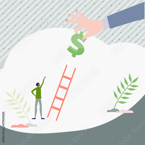Bailout money as financial economical support in crisis tiny person concept. Business company help from government in bankruptcy problem situation vector illustration. Rescue stimulus debt payment.