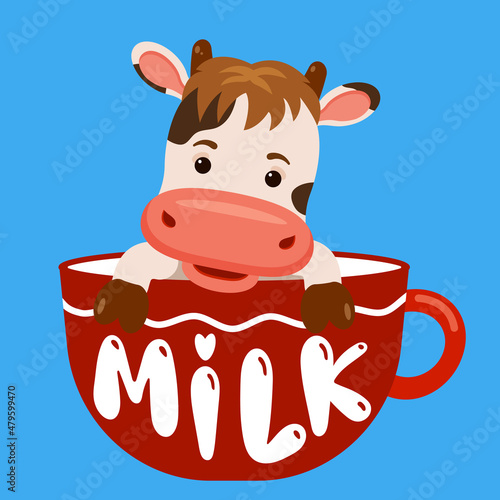 Funny cow in a red cup of milk. Cartoon style.