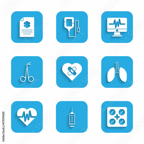 Set Healed broken heart, Syringe, Pills blister pack, Lungs, Heart rate, Medical scissors, Monitor with cardiogram and Clinical record icon. Vector