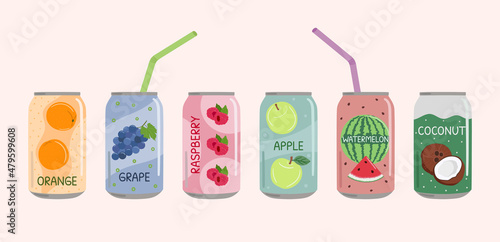 Set of soft drinks in aluminum cans with soda and lemonade, straws. Carbonated non-alcoholic water with fruit, berry flavors. Hand drawn vector illustration isolated on color background