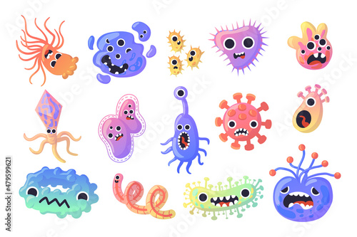 Germ character. Cartoon virus or microbe cell with funny faces. Caricature flu disease bacteria. Microscopic monsters. Pathogen creature mascots. Vector infection microorganisms set
