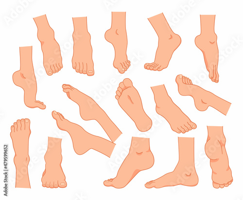 Human feet. Cartoon male and female body ankle elements. Barefoot with fingers. Pedicure illustration. Naked foot sole posing. Cosmetic skin care pedicure. Vector bare legs positions set photo