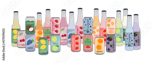 Set of soft drinks in aluminum cans and glass bottles with soda and lemonade. Carbonated non-alcoholic water with fruit, berry flavors. Hand drawn vector illustration isolated on white background