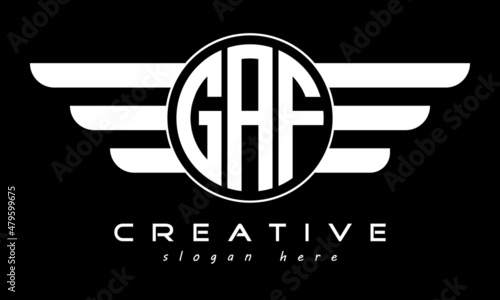 GAF three letter monogram type circle letter logo with wings vector template.