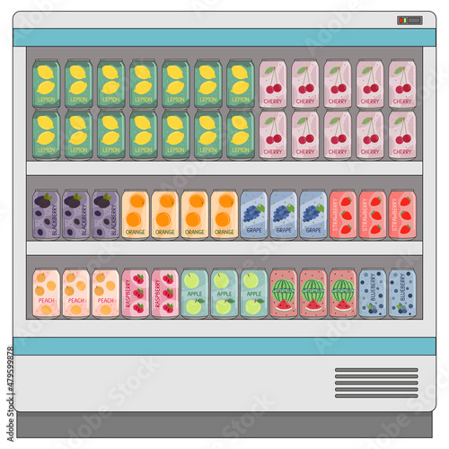 Set of soft drinks in aluminum cans with soda and lemonade on shelves in supermarket fridge. Carbonated non-alcoholic water with fruit flavors. Hand drawn vector illustration