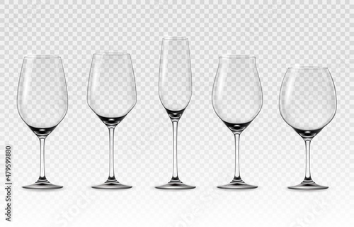 Realistic wine glass. Empty transparent crystal shiny high and round wineglasses. 3D stemware for grape alcohol beverages. Drinks serving glassware. Vector classic bar tableware set