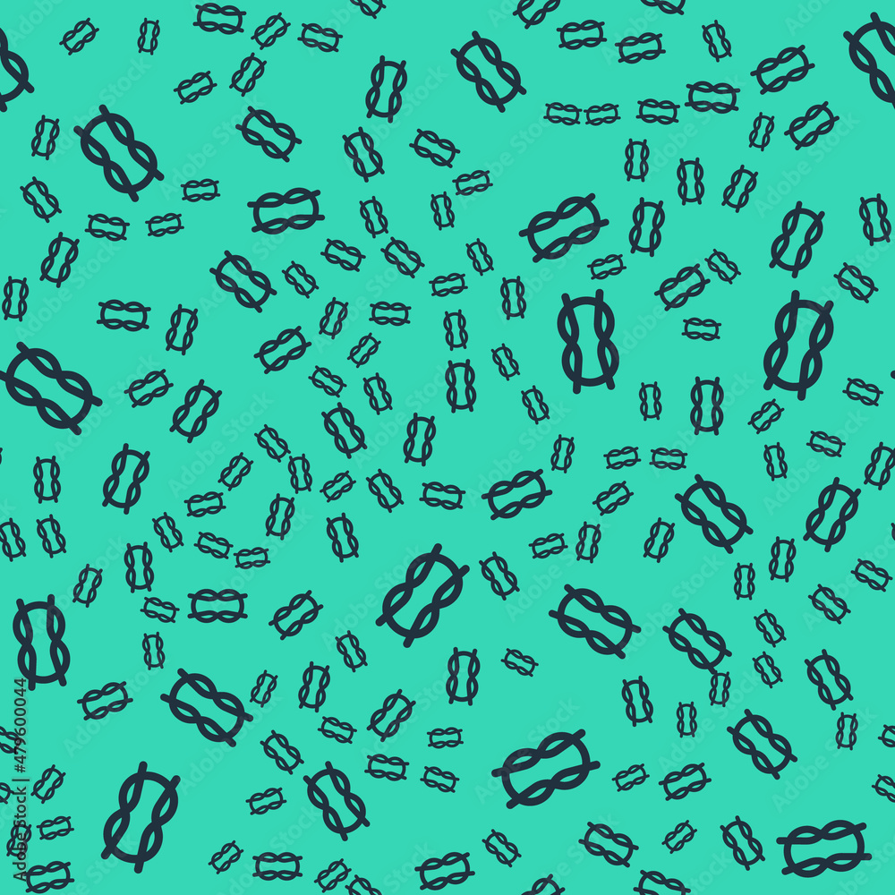Black Nautical rope knots icon isolated seamless pattern on green background. Rope tied in a knot. Vector Black Nautical rope knots icon isolated seamless pattern on green background. Rope tied in a knot. Vector