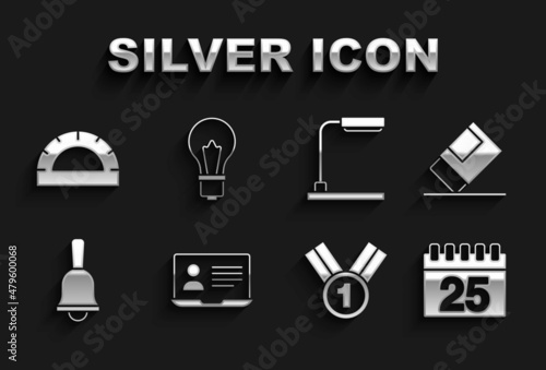 Set Online class, Eraser or rubber, Calendar, Medal, Ringing bell, Table lamp, Protractor grid and Light bulb with idea icon. Vector