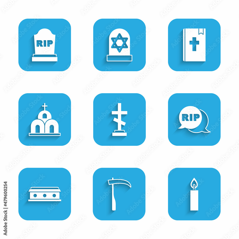 Set Grave with cross, Scythe, Burning candle, Speech bubble rip death, Coffin, Church building, Holy bible book and Tombstone RIP written icon. Vector