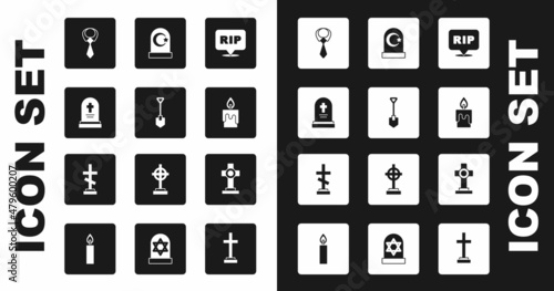 Set Speech bubble rip death, Shovel, Grave with tombstone, Tie, Burning candle, Muslim cemetery, cross and icon. Vector