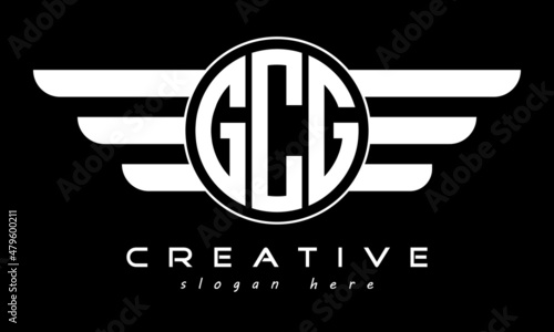 GCG three letter monogram type circle letter logo with wings vector template.