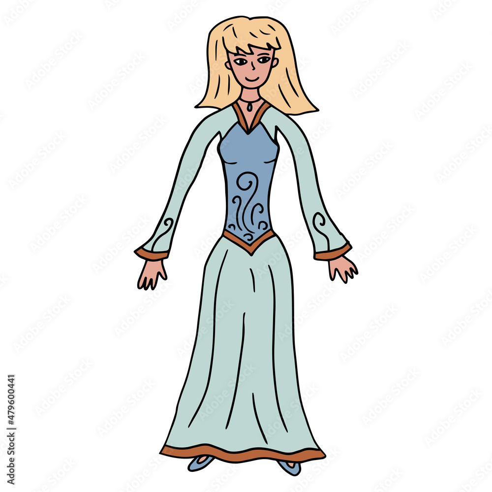 Doodle happy young lady in historical dress isolated on white background. Hippy or boho style dress. Doodle happy young lady in historical dress isolated on white background. Hippy or boho style dress.
