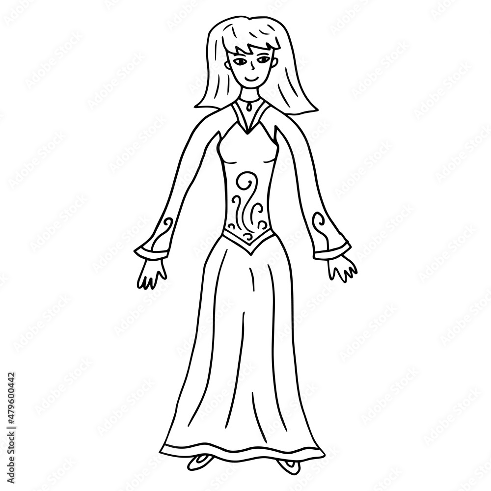 Doodle happy young lady in historical dress isolated on white background. Hippy or boho style dress. Doodle happy young lady in historical dress isolated on white background. Hippy or boho style dress.