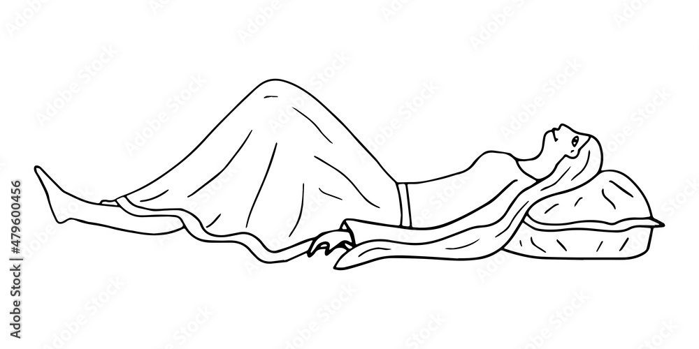 Doodle young woman lying. Girl relaxing on the pillow isolated on white background. Side view. Doodle young woman lying. Girl relaxing on the pillow isolated on white background. Side view.