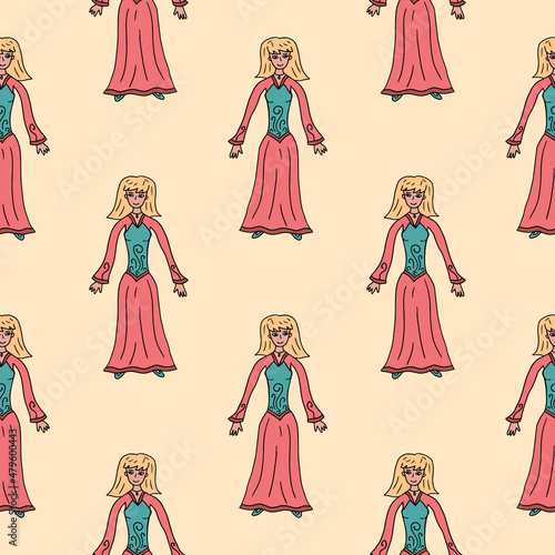 Doodle happy young lady in historical dress seamless pattern. Hippy or boho style dress at girl background.