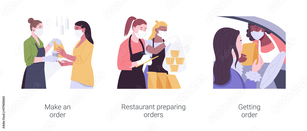 Curbside pickup at a restaurant isolated cartoon vector illustrations set. Curbside pickup at a restaurant isolated cartoon vector illustrations set.