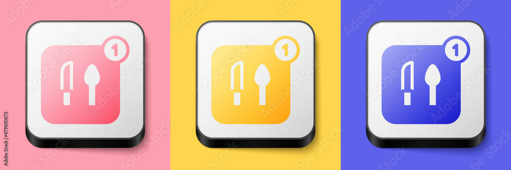 Isometric Food ordering icon isolated on pink, yellow and blue background. Order by mobile phone. Restaurant food delivery concept. Square button. Vector Isometric Food ordering icon isolated on pink, yellow and blue background. Order by mobile phone. Restaurant food delivery concept. Square button. Vector